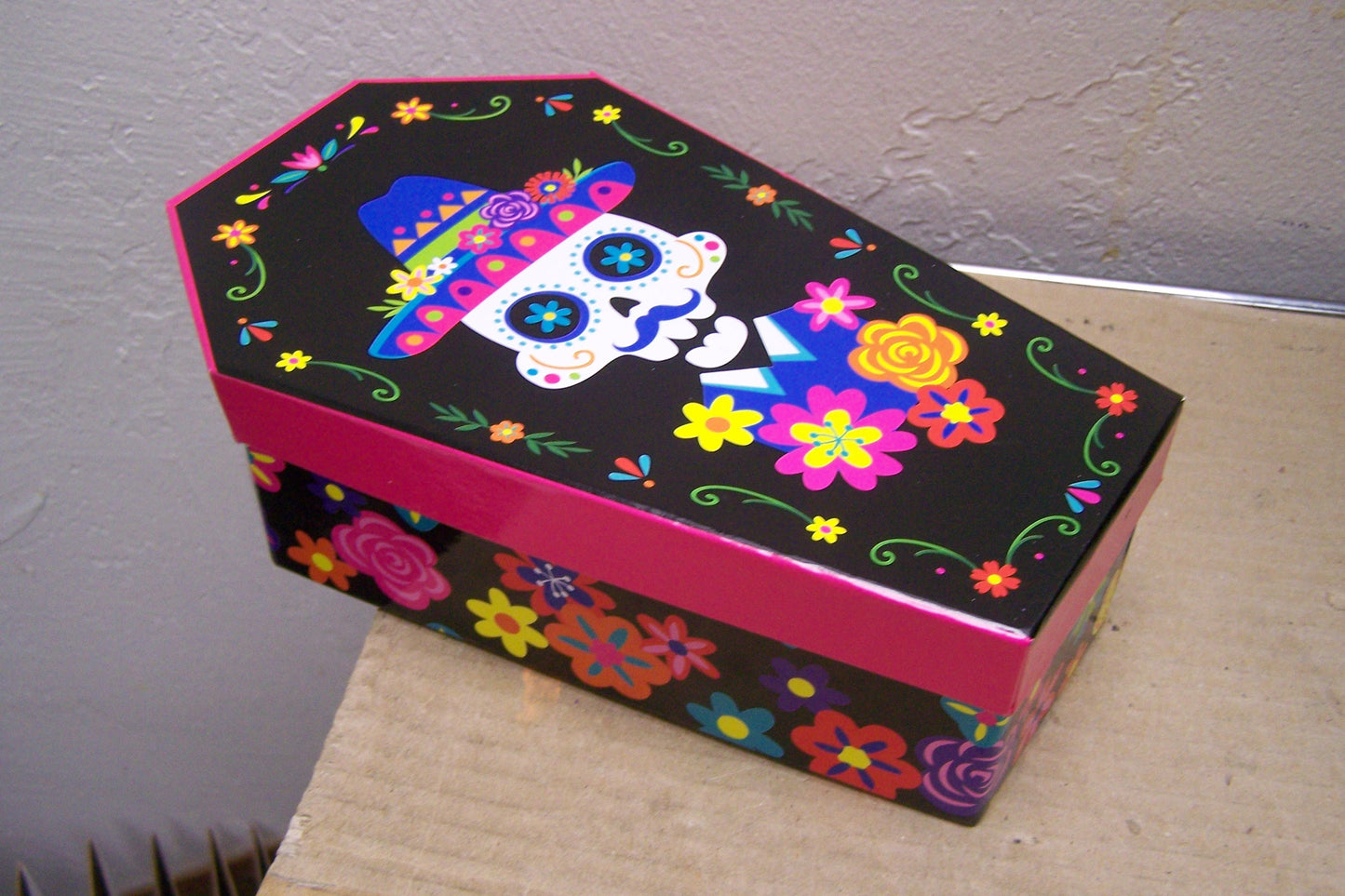 Day of the Dead Cardboard Lidden Coffin Box - Skeleton Man