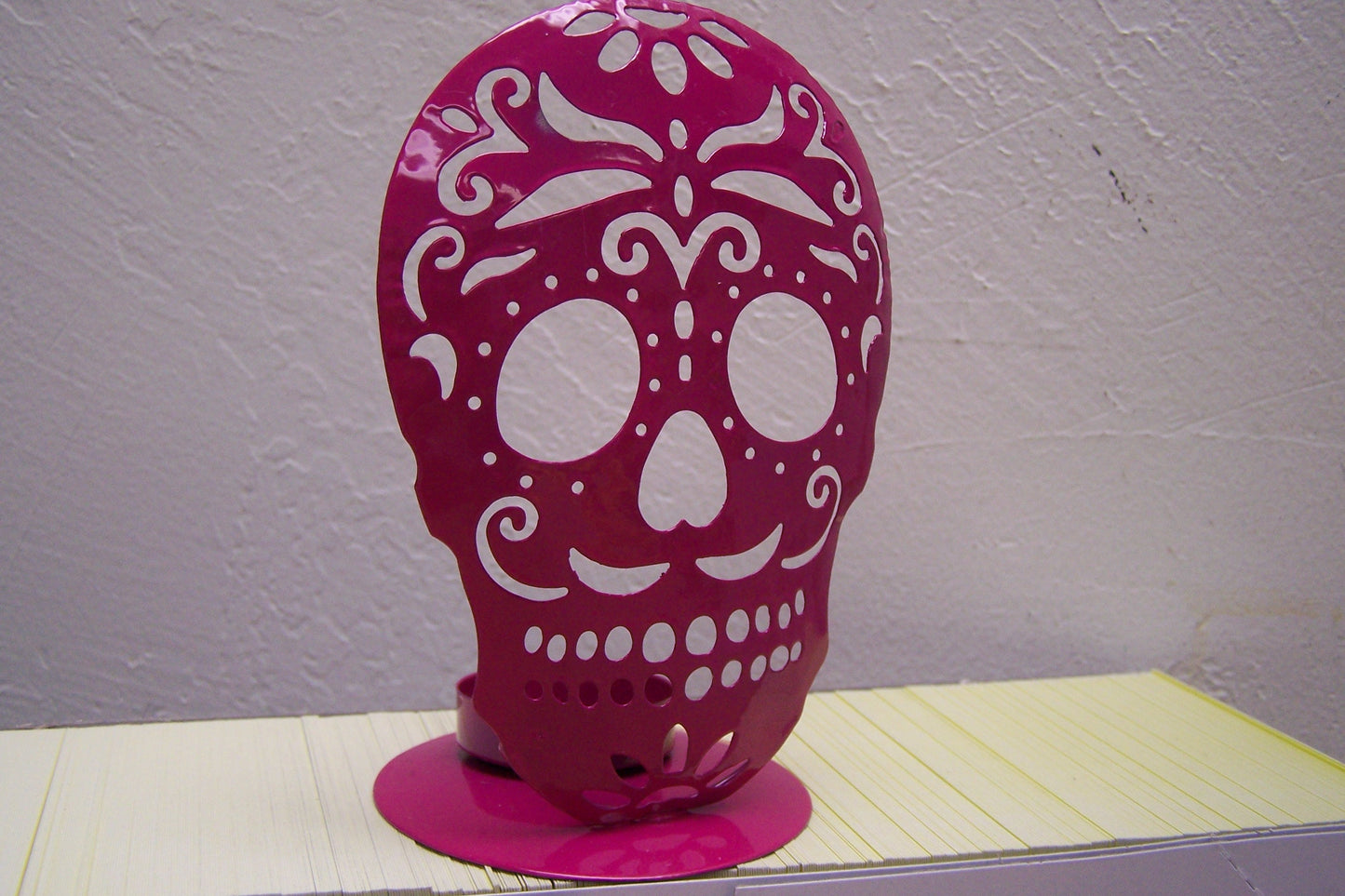 Day of the Dead Sugar Skull Metal Tabletop Candle Holder - Dark Pink
