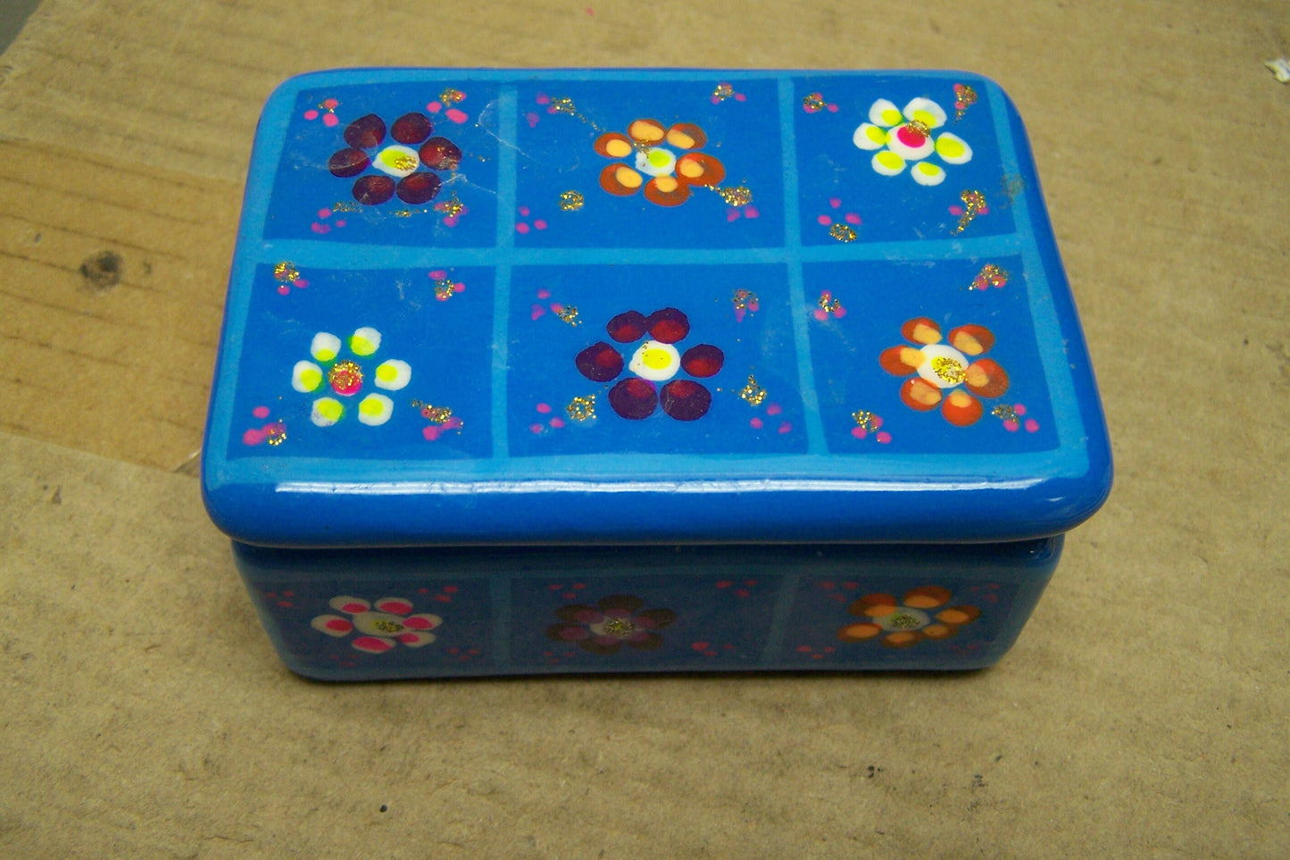 Clay Hand Painted Jewelry Box Alejero, Blue with Flowers - Mexico