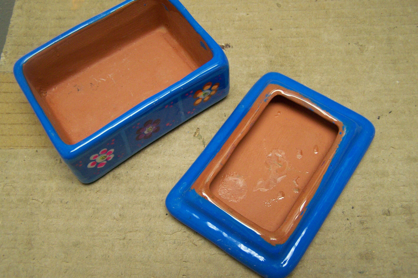 Clay Hand Painted Jewelry Box Alejero, Blue with Flowers - Mexico