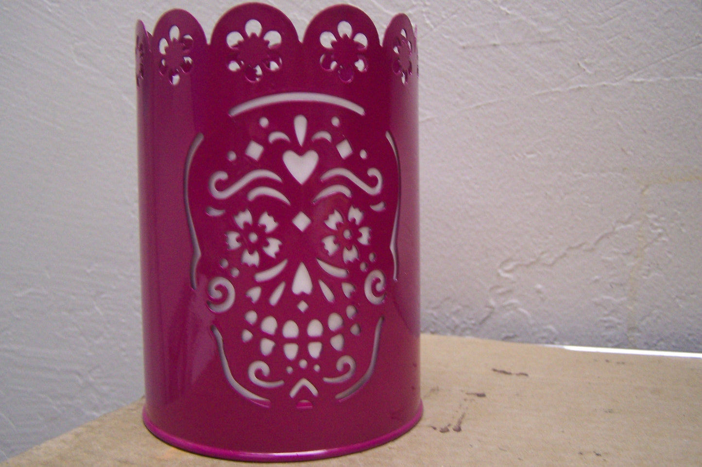 Day of the Dead Punched Metal Luminaria - Sugar Skull Design - Dark Pink
