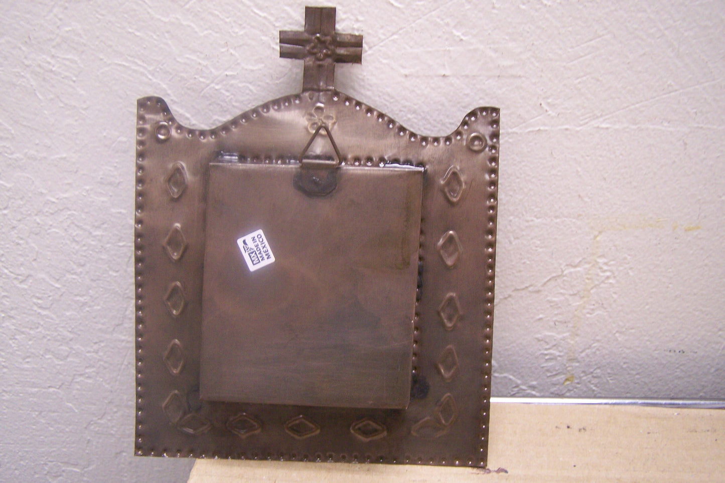 Medium Mexican Tin and Glass Nicho with Hinged Door - Church with Cross - Mexico