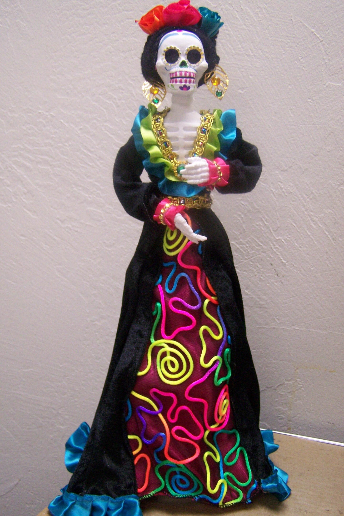 17" Tall Catrina Elaborately Clothed Plastic Sculpture #1 - Day of the Dead, Happy Skeleton