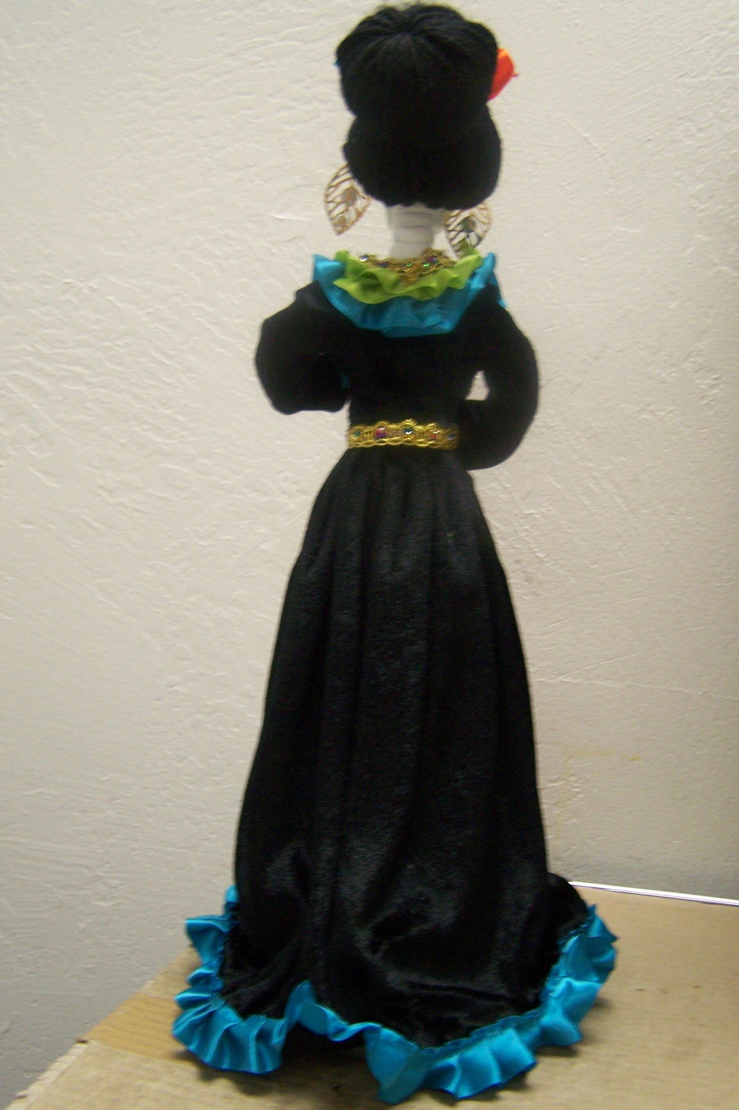 17" Tall Catrina Elaborately Clothed Plastic Sculpture #1 - Day of the Dead, Happy Skeleton