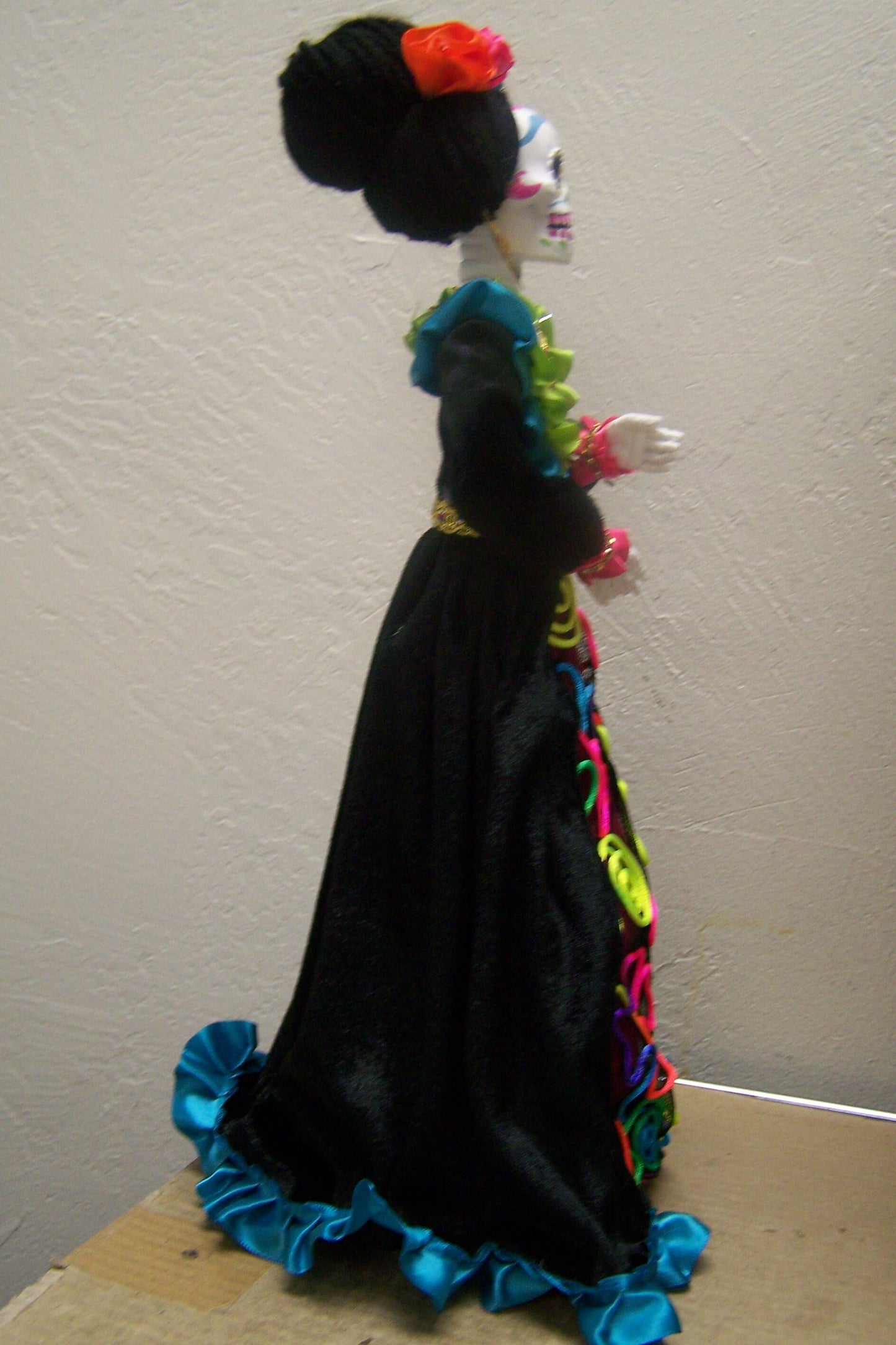 17" Tall Catrina Elaborately Clothed Plastic Sculpture #1 - Day of the Dead, Happy Skeleton