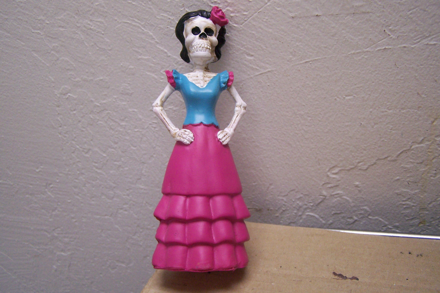 Small Painted Resin Day of the Dead Skeleton Lady in Pink Dress - Mexico