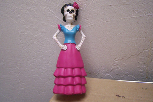 Small Painted Resin Day of the Dead Skeleton Lady in Pink Dress - Mexico