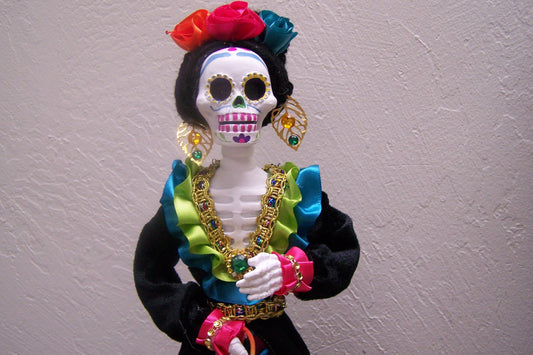 17" Tall Catrina Elaborately Clothed Plastic Sculpture #1 - Day of the Dead, Happy Skeleton