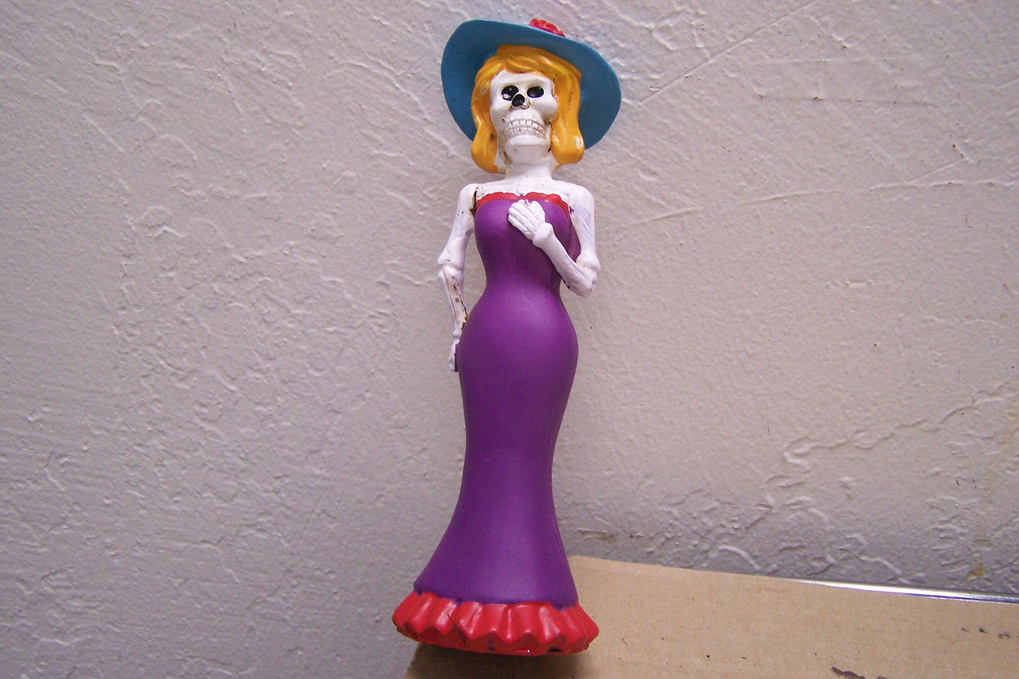 Small Painted Resin Day of the Dead Skeleton Lady in Purple Dress - Mexico