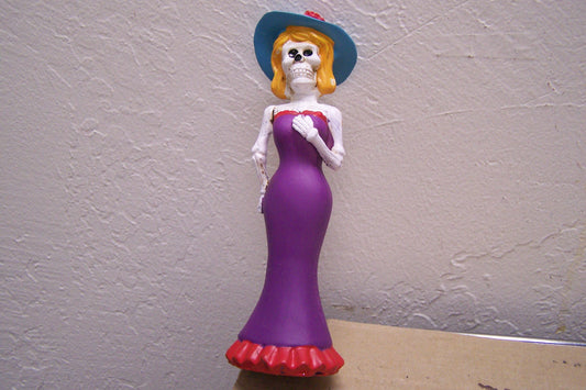 Small Painted Resin Day of the Dead Skeleton Lady in Purple Dress - Mexico