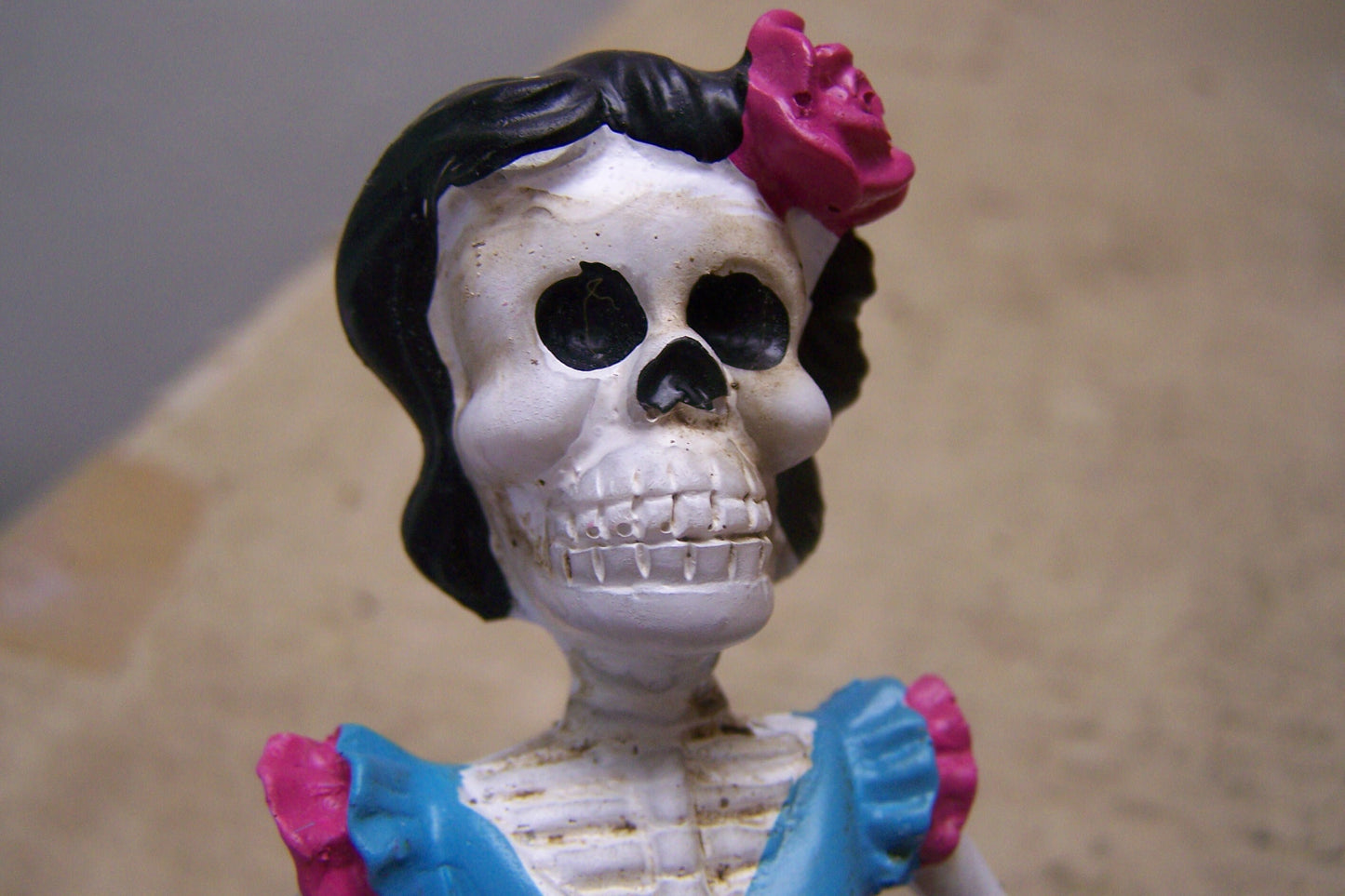 Small Painted Resin Day of the Dead Skeleton Lady in Pink Dress - Mexico