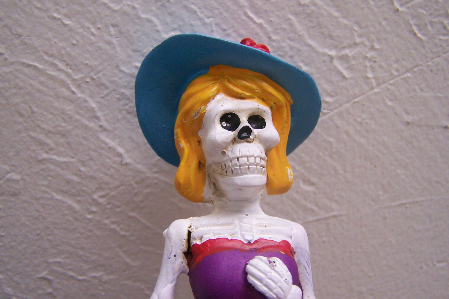 Small Painted Resin Day of the Dead Skeleton Lady in Purple Dress - Mexico