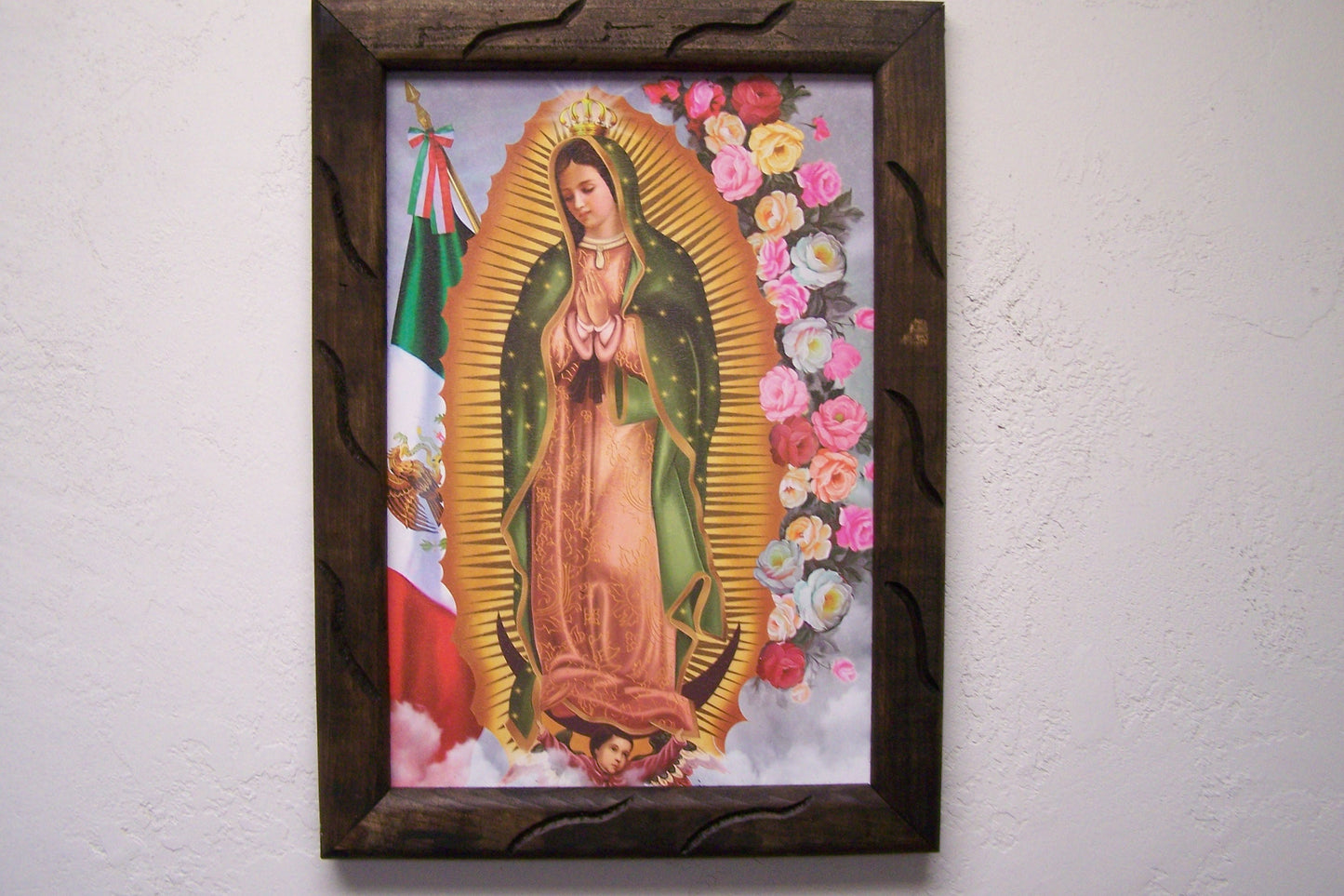 Framed Giclee Print - Virgin of Guadalupe with Mexican Flag and Roses - Mexico