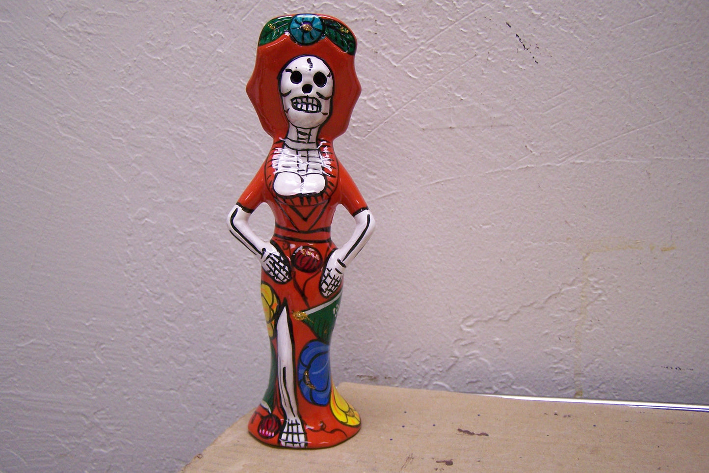 Ceramic Day of the Dead Skeleton Lady, Classic Catrina, Orange - Mexico