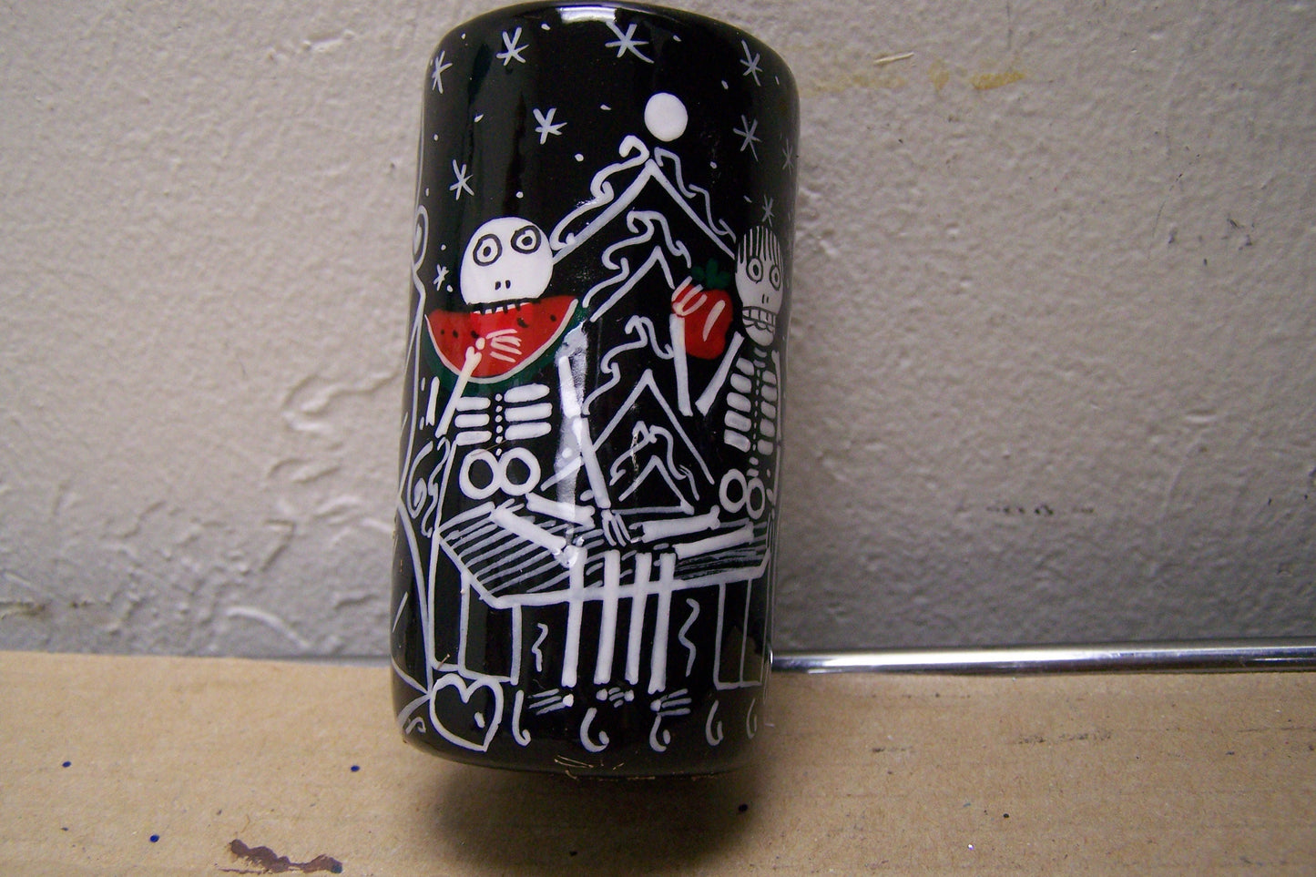 Ceramic Day of the Dead Shot Glass - Skeletons w. Watermelon and Apple - Mexico
