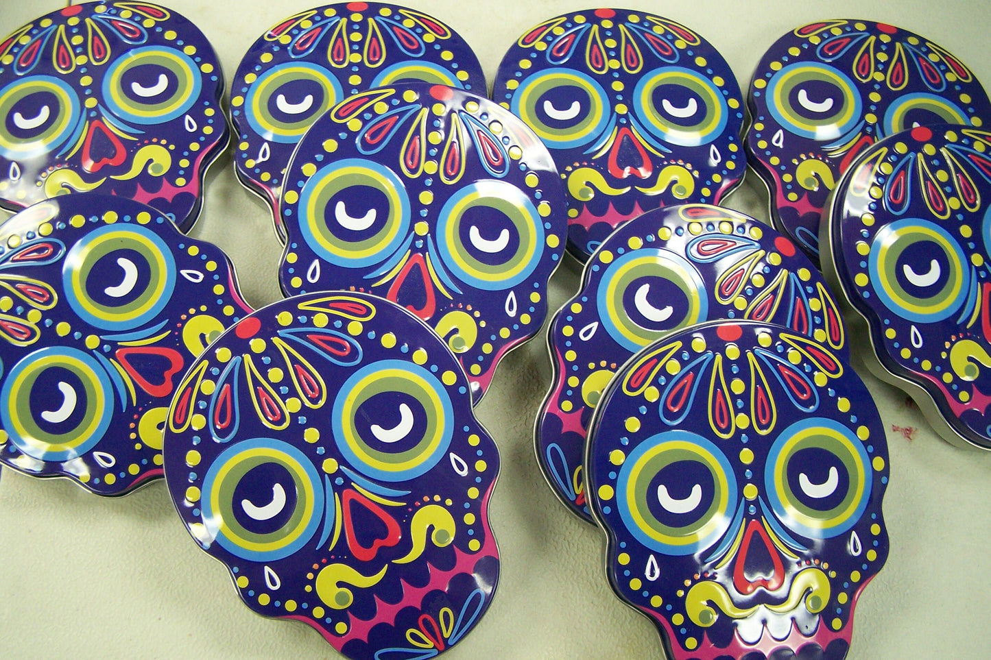 WHOLESALE Lot of 10 Day of the Dead Sugar Skull Metal Candy Tins, Dark Blue - Dia de los Muertos