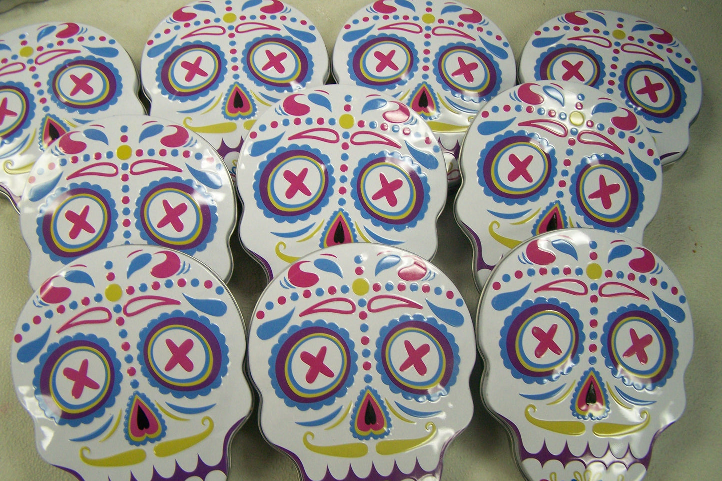 Wholesale Lot of 10 Day of the Dead Sugar Skull Metal Candy Tin, White - Dia de los Muertos
