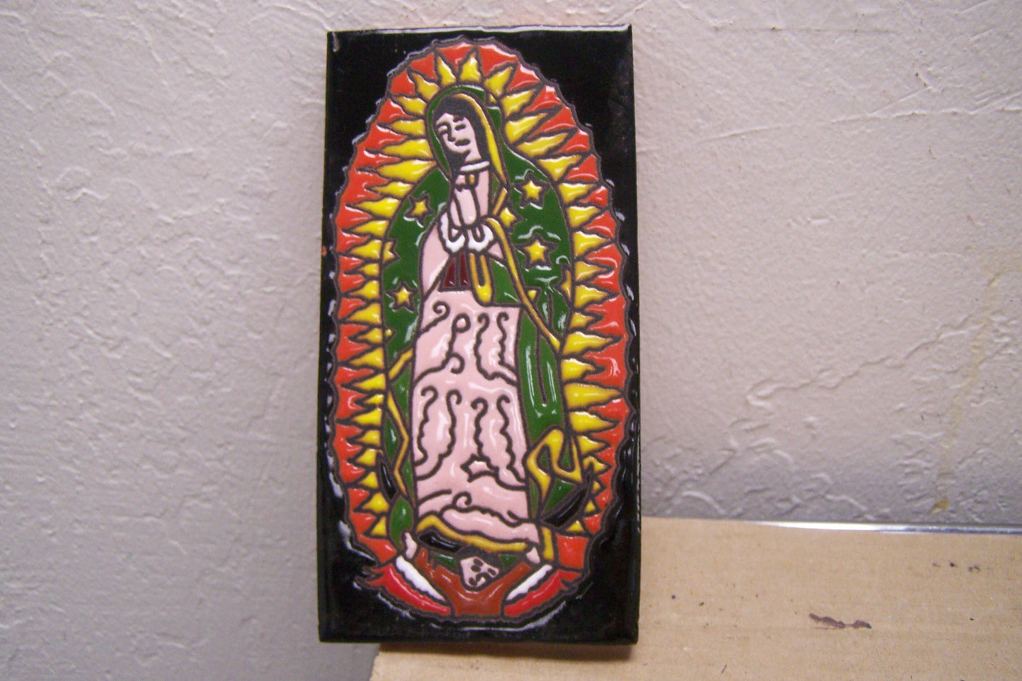 Virgin of Guadalupe Rectangular Embossed Mexican Tile - Black