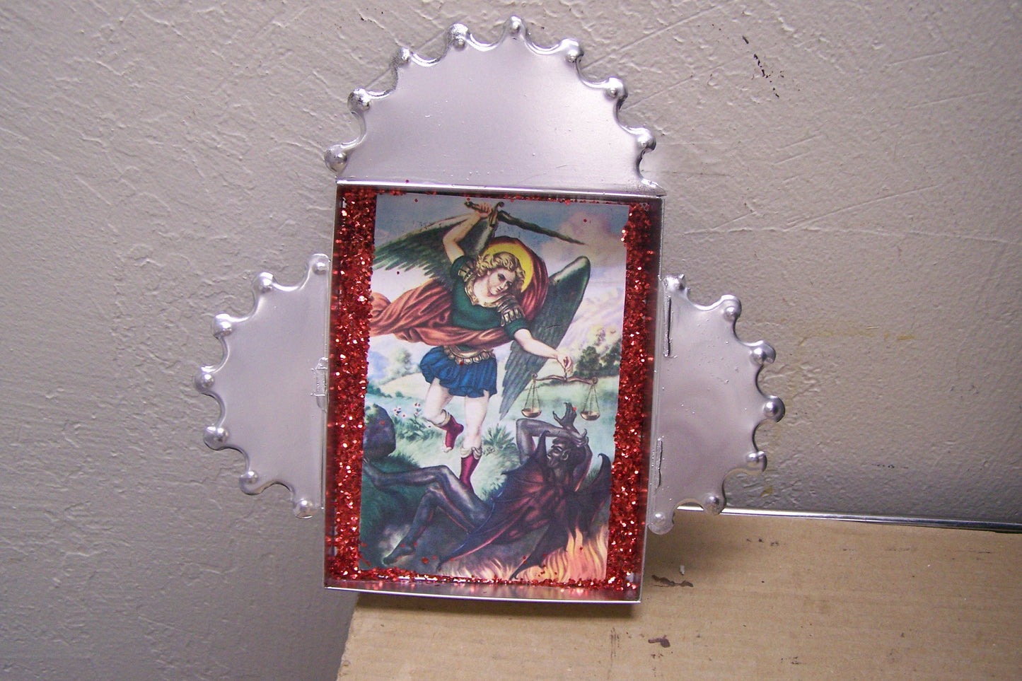 Saint Michael Slaying Demon Mexican Tin Open-Face Nicho
