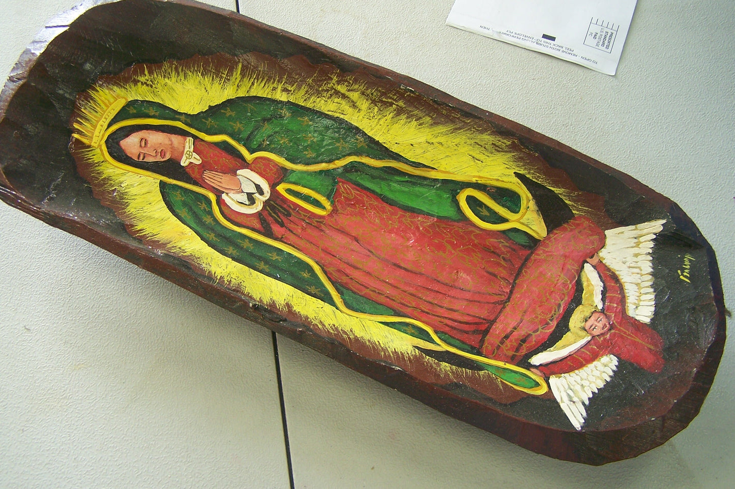 Large Virgin of Guadalupe Folk Art Painted Wooden Dough Bowl Batea