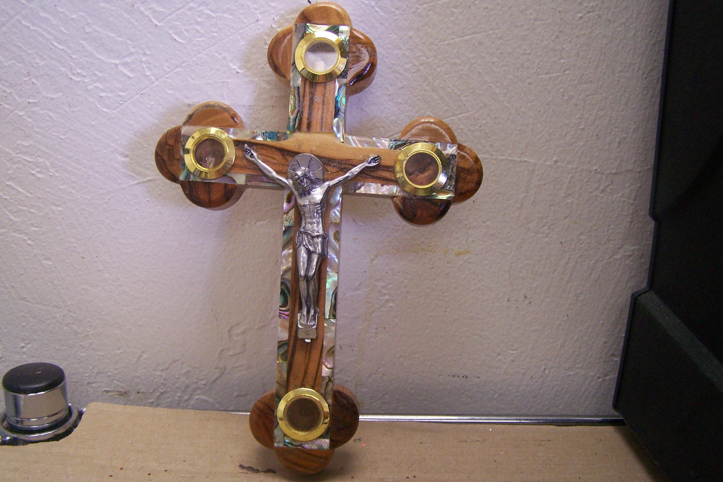 Holy Land Olive Wood Cross w. Metal Jesus, Holy Soil & Mother of Pearl Inlays - Jerusalem