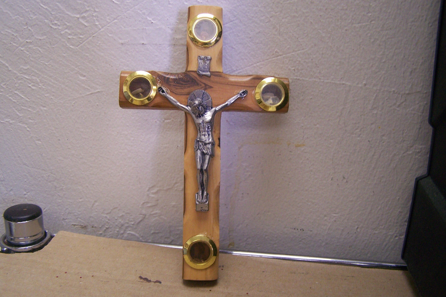Holy Land Olive Wood Cross w. Metal Jesus & Holy Soil - Jerusalem