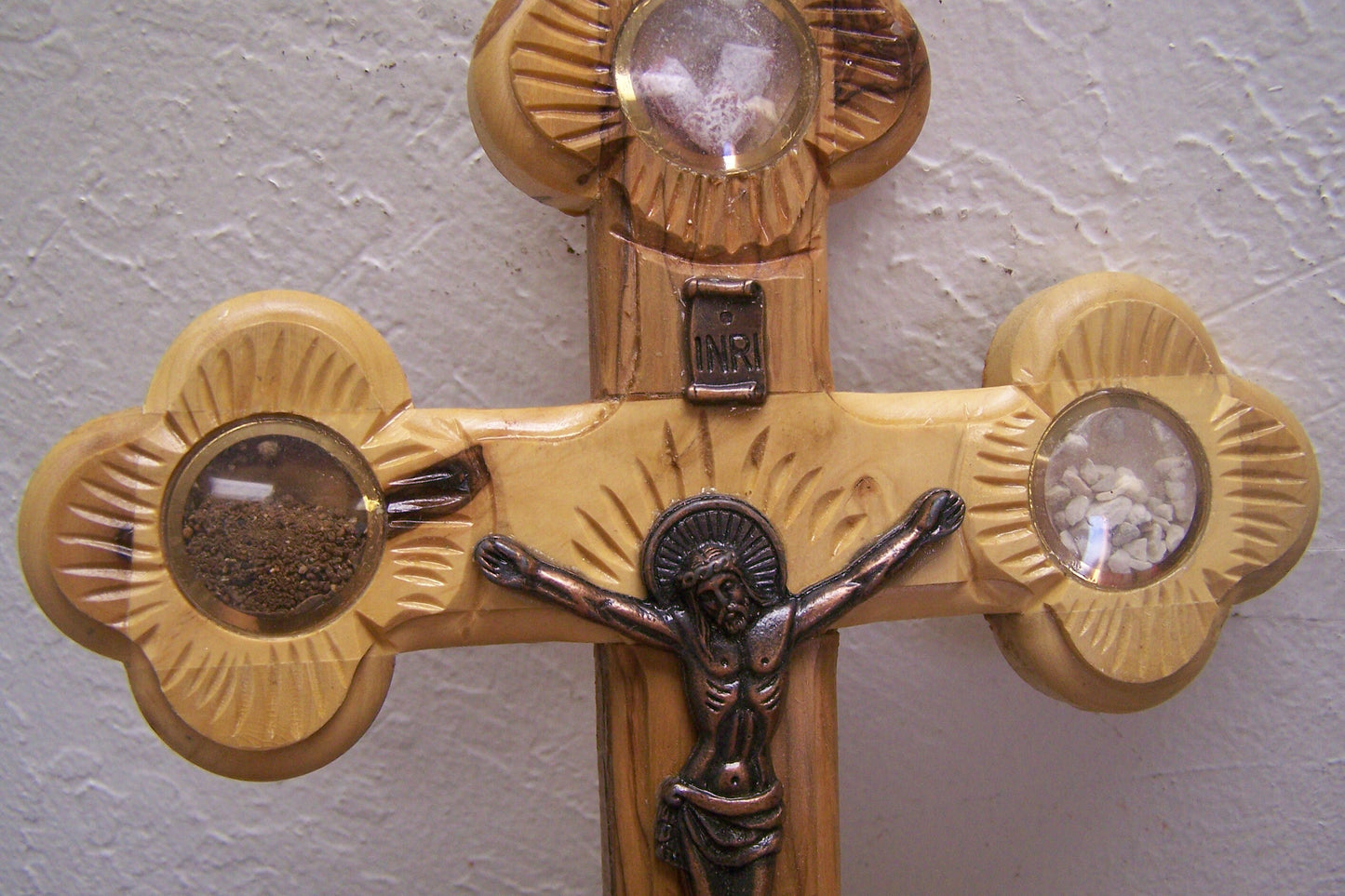 Holy Land Olive Wood Cross w. Bronze Jesus & Holy Soil - Bethlehem