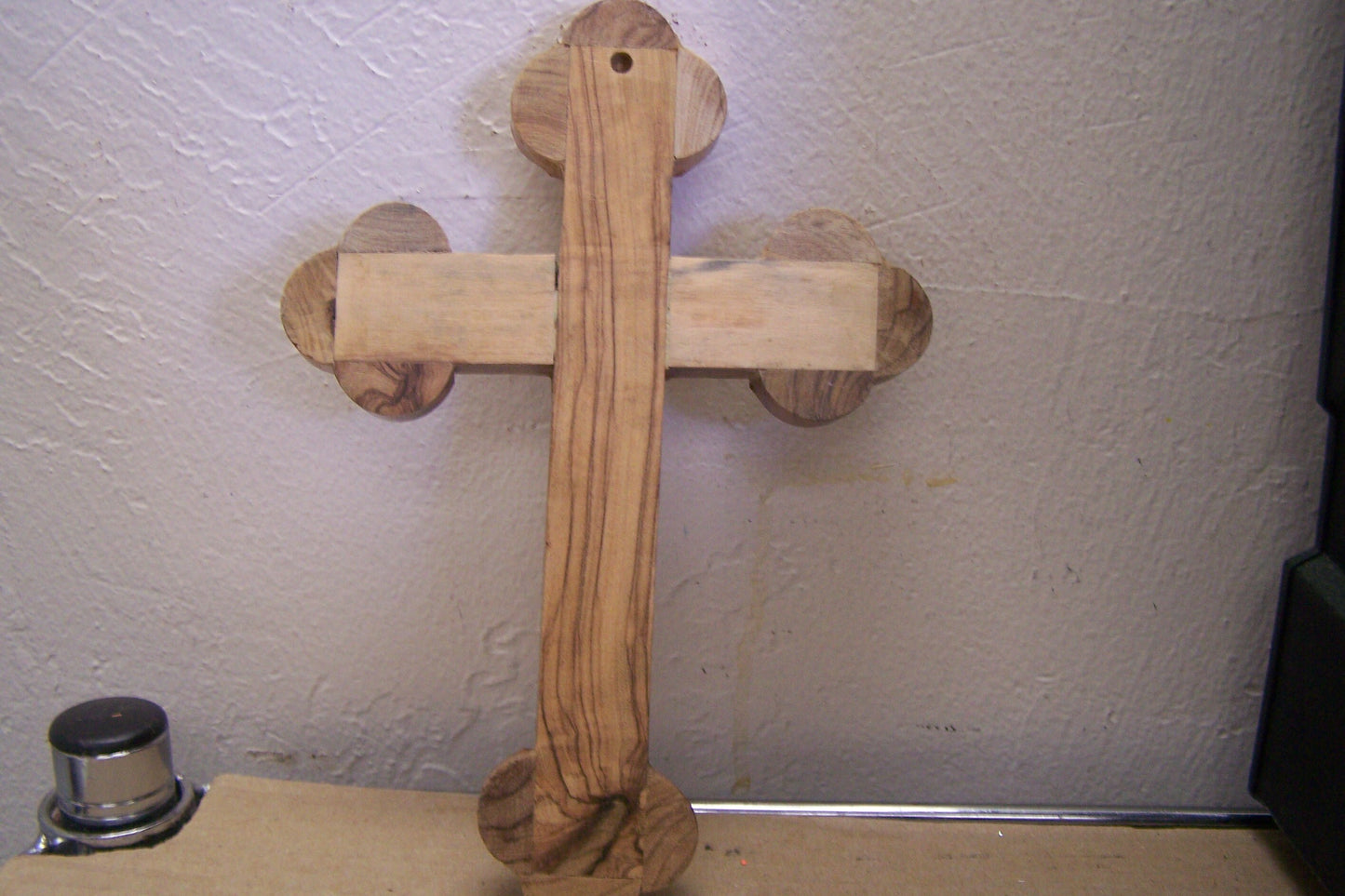 Holy Land Olive Wood Cross w. Metal Jesus, Holy Soil & Mother of Pearl Inlays - Jerusalem