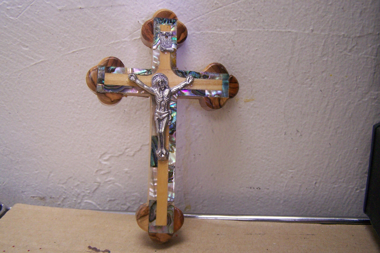 Smaller Holy Land Olive Wood Cross w. Metal Jesus & Mother of Pearl Inlays - Jerusalem
