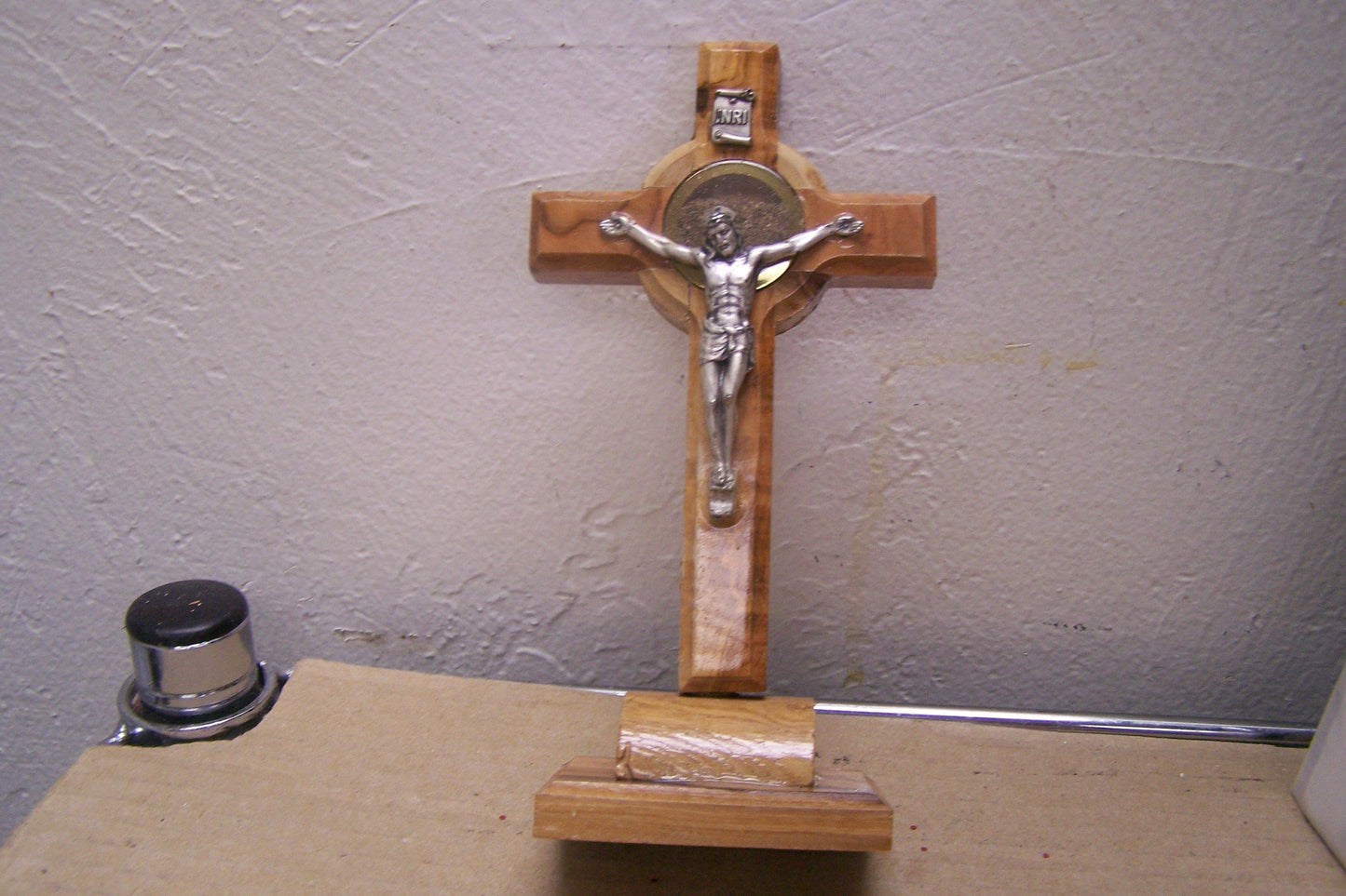 Holy Land Olive Wood Stand-up Cross with Holy Dirt Reliquary - Jerusalem