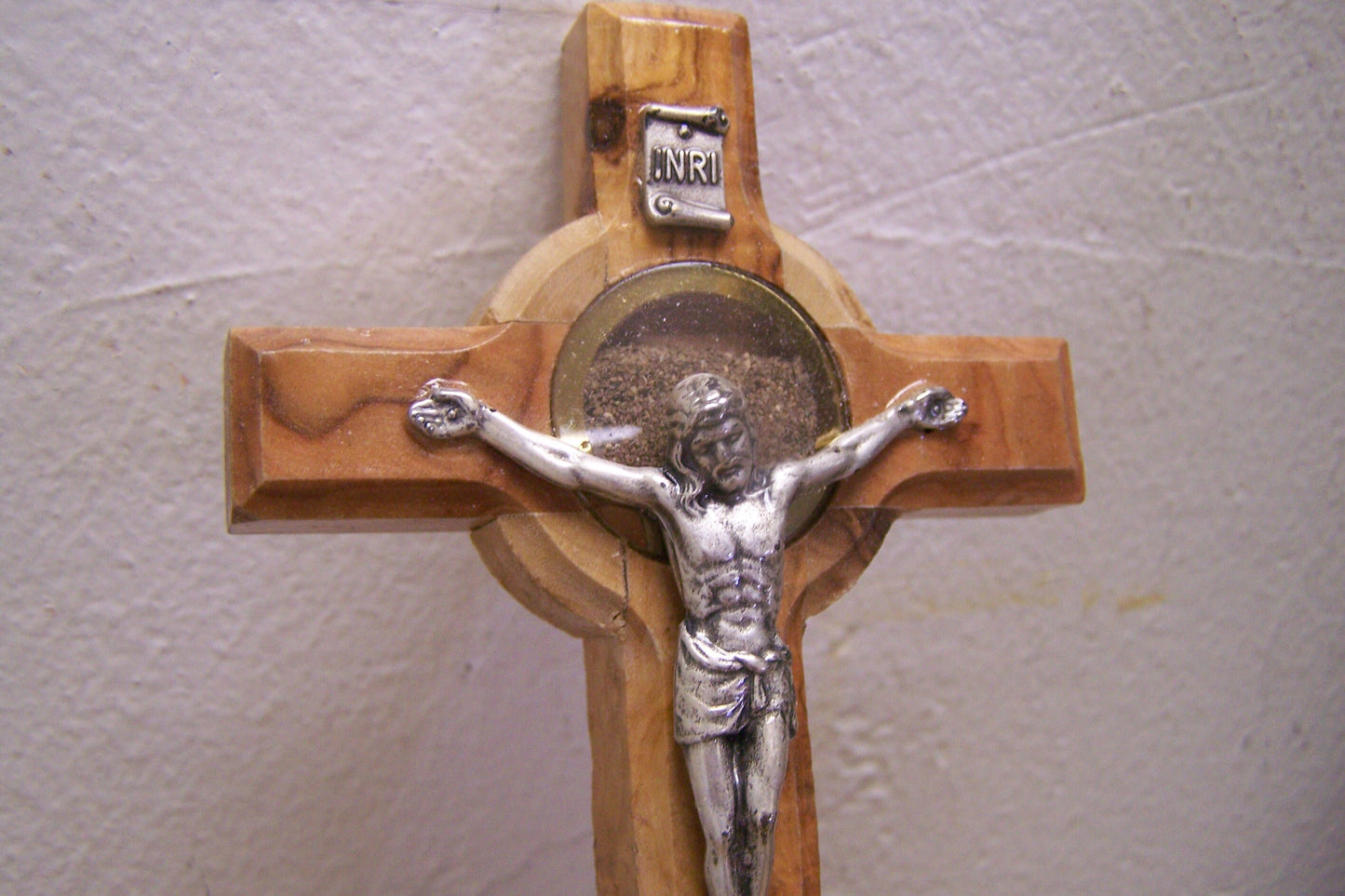 Holy Land Olive Wood Stand-up Cross with Holy Dirt Reliquary - Jerusalem