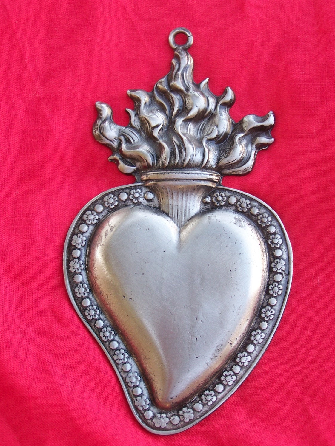 Large Tin/Silver Flamed Sacred Heart Milagro Ex Voto