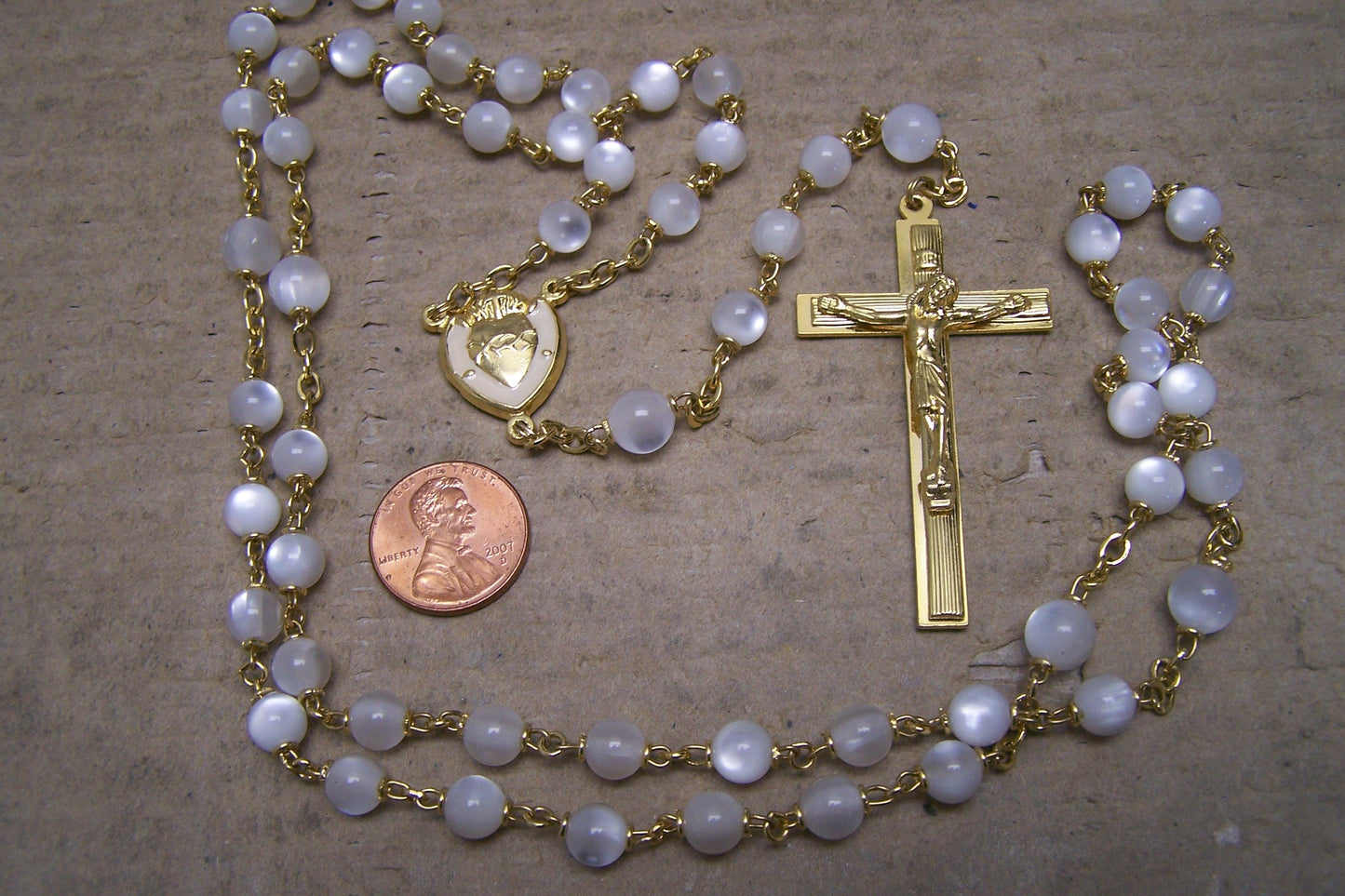 Rosary - Opaque Pearly Plastic Beads, Golden Accent, Sacred Heart - Nice!