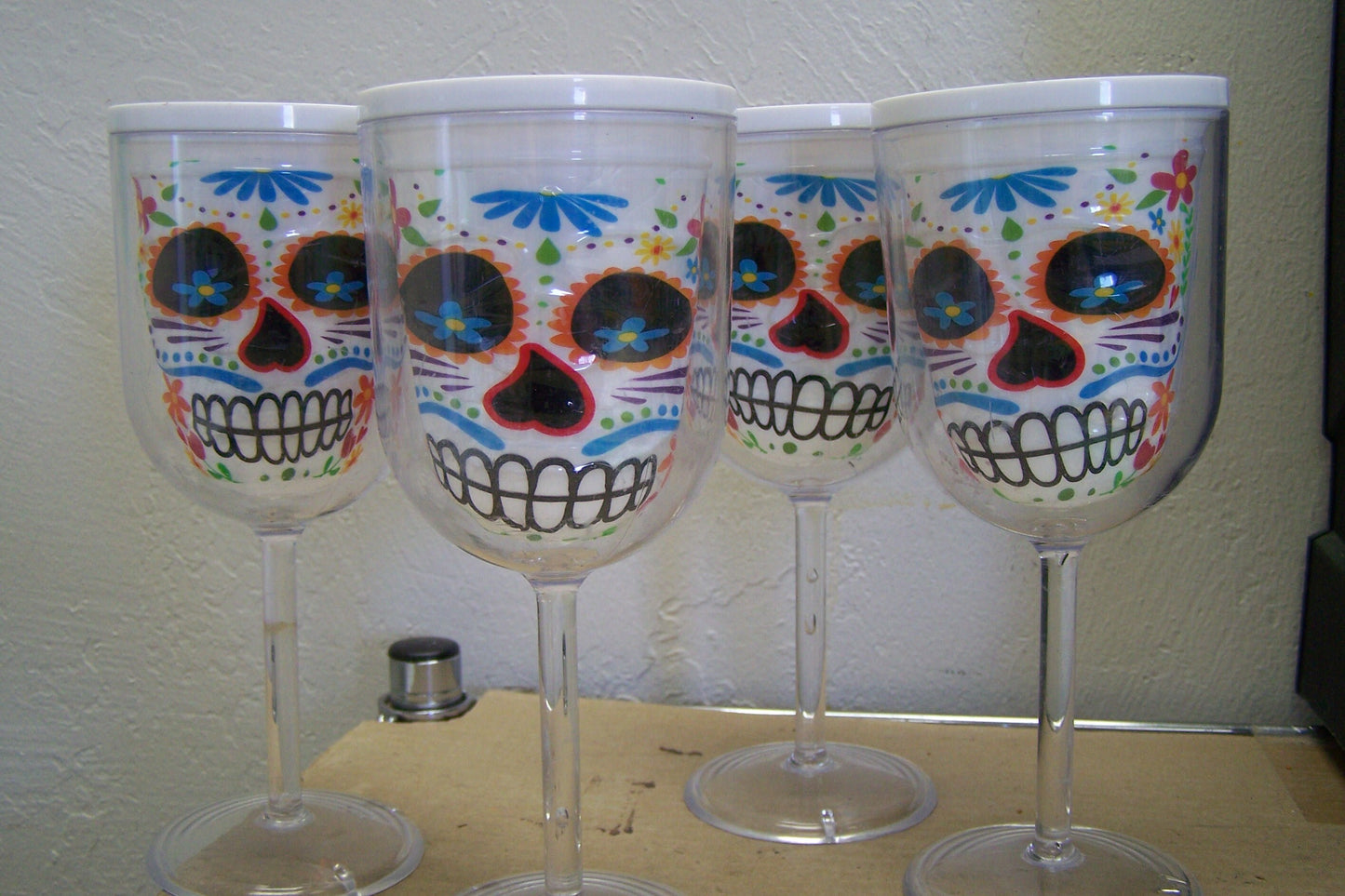 Lot of 4 Day of the Dead Sugar Skulls Plastic Wine Glasses - Mexico