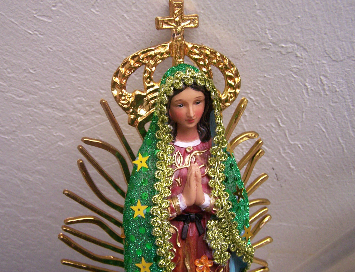 Virgin of Guadalupe 13" Resin Altarpiece Statue - Green Cloth Cloak