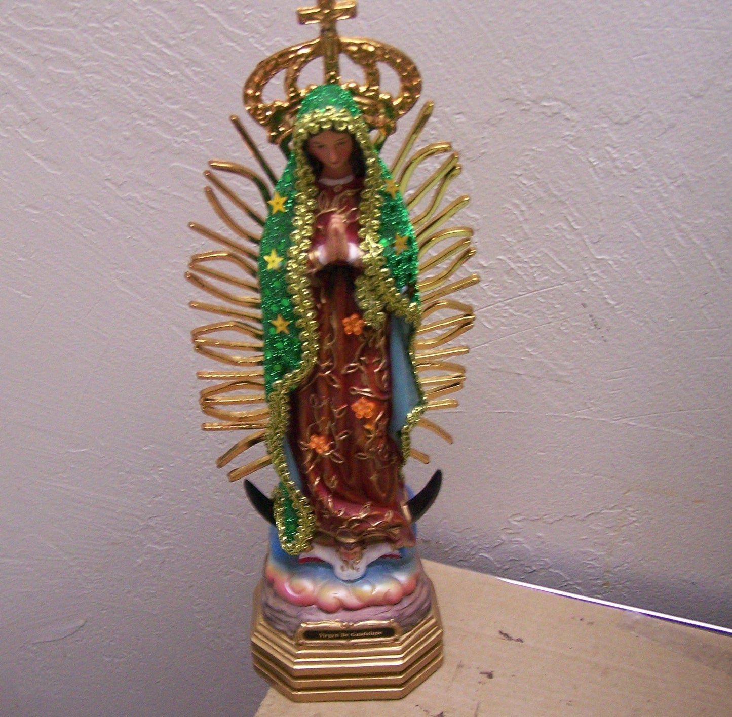 Virgin of Guadalupe 13" Resin Altarpiece Statue - Green Cloth Cloak