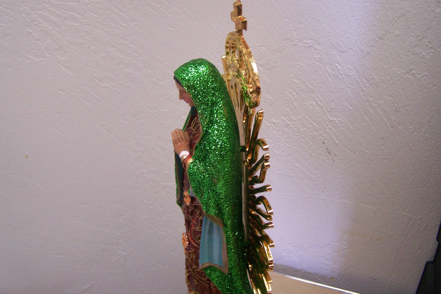 Virgin of Guadalupe 13" Resin Altarpiece Statue - Green Glitter