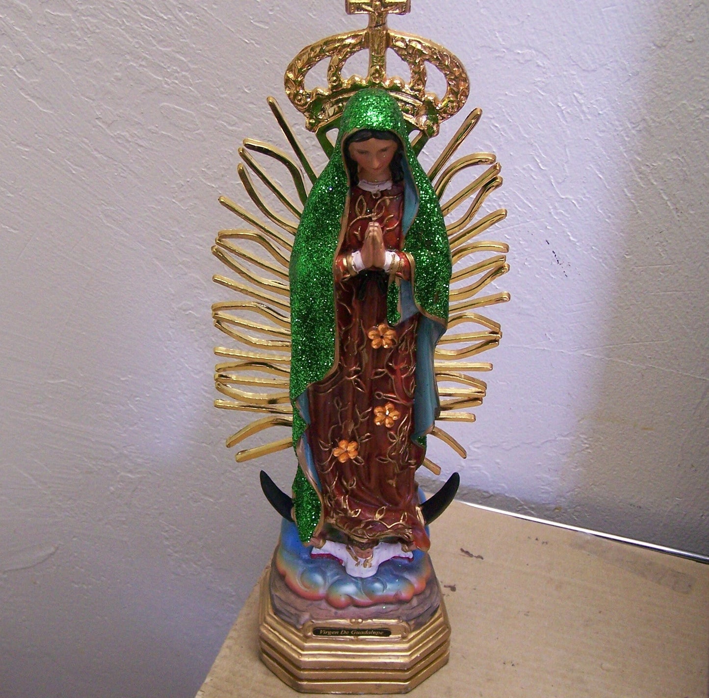 Virgin of Guadalupe 13" Resin Altarpiece Statue - Green Glitter
