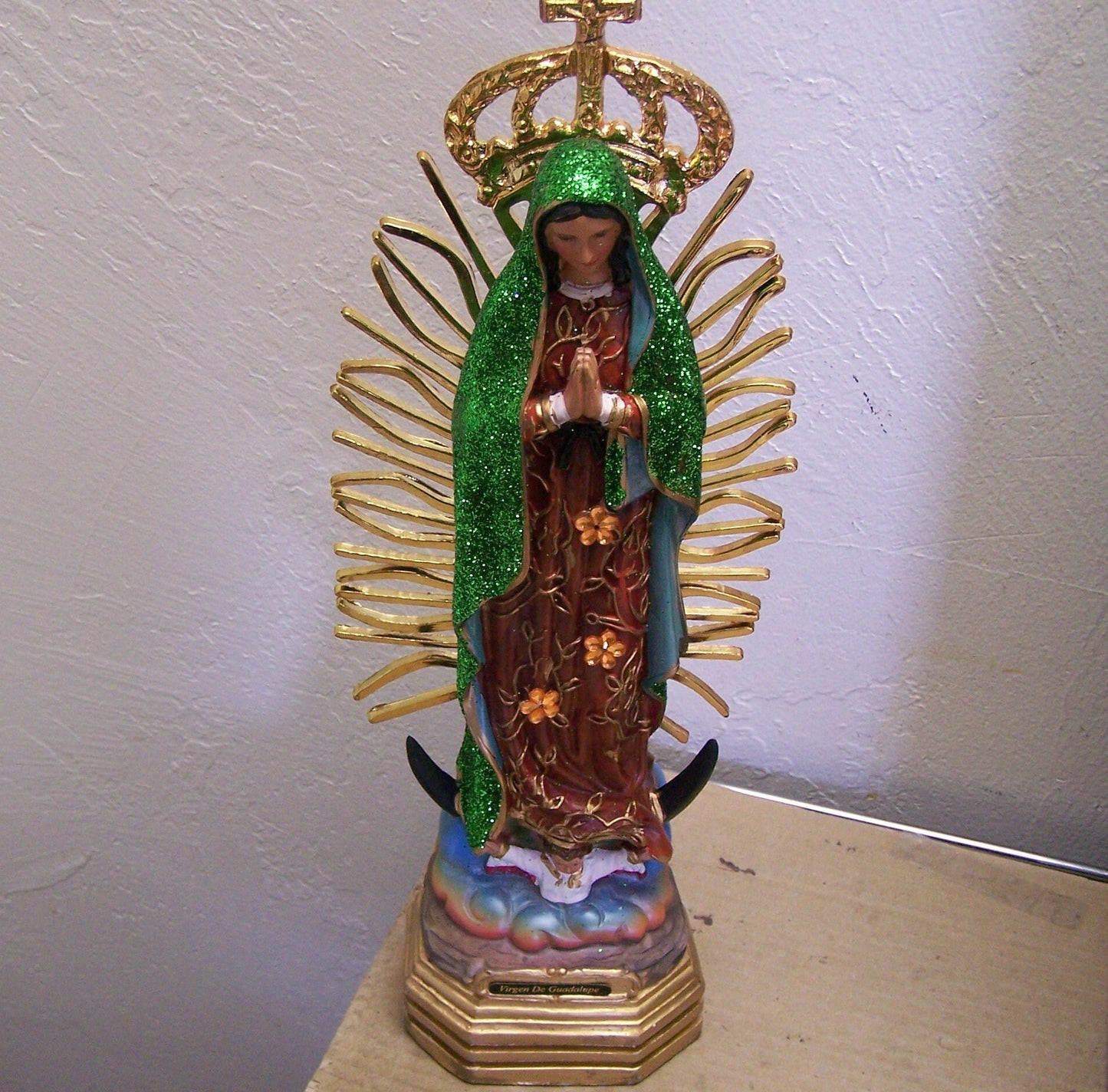 Virgin of Guadalupe 13" Resin Altarpiece Statue - Green Glitter