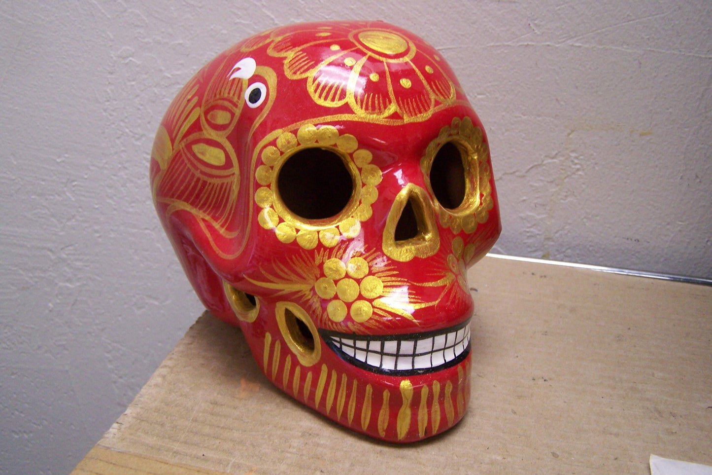 XL Clay Glazed Day of the Dead Clay Skull - Red and Shiny Gold