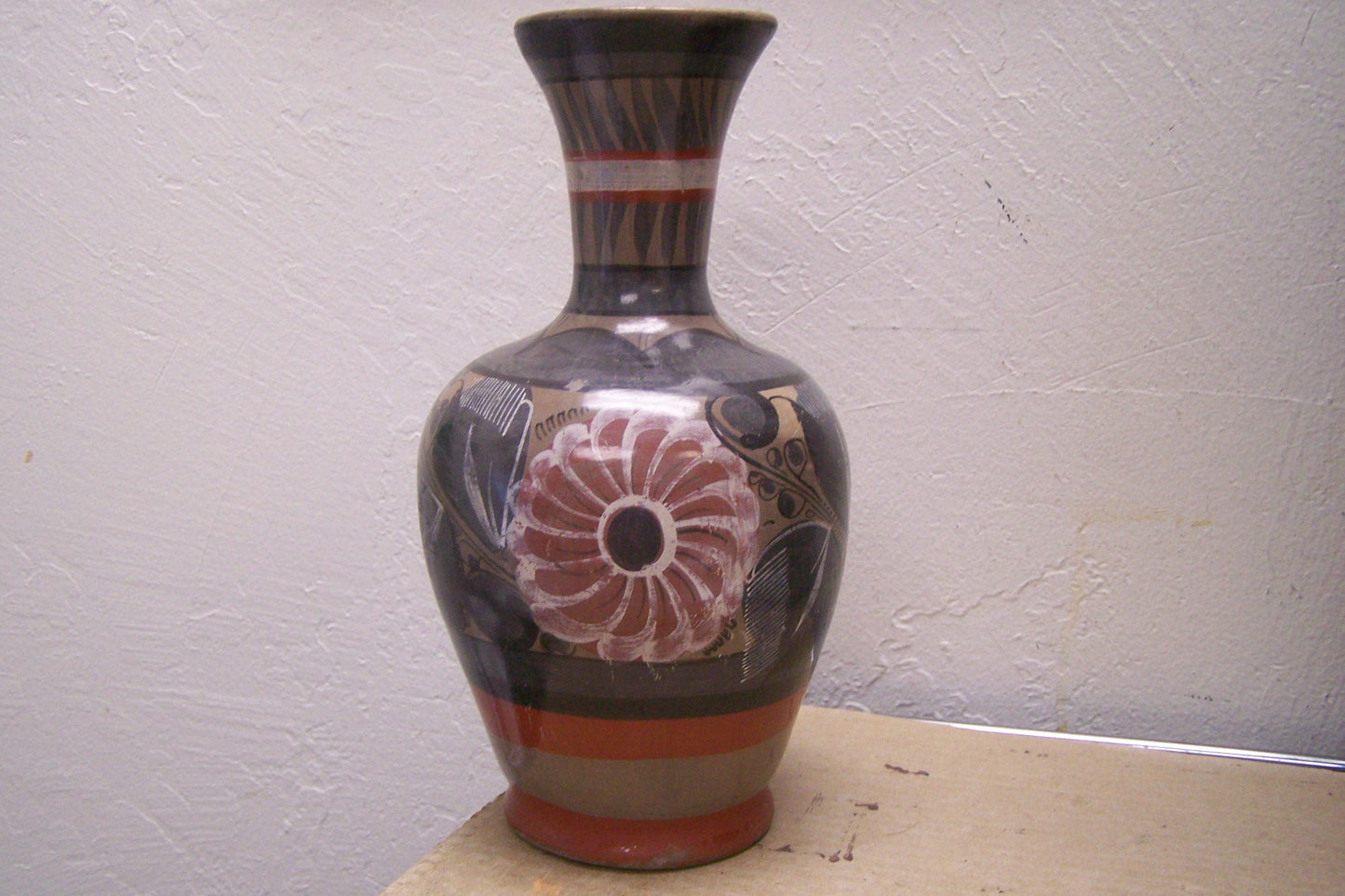 Vintage 1950s Burnished Vase with Floral and Leaf Pattern - Mexico