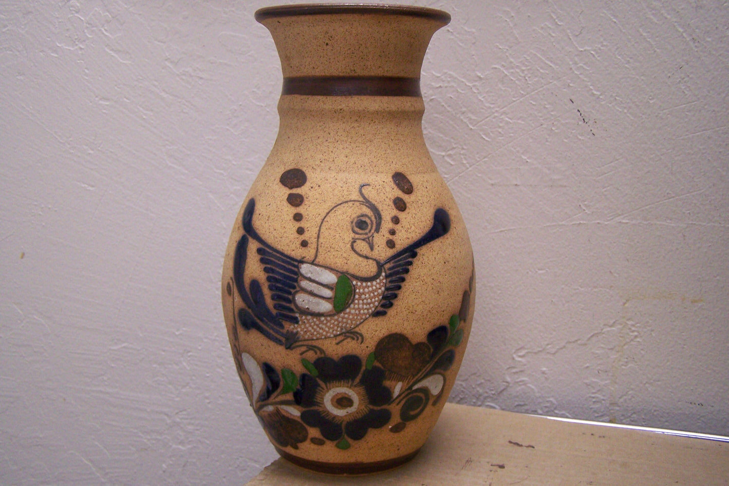 Vintage 1980s Stoneware Vase with Bird and Floral Pattern #1 - Mexico