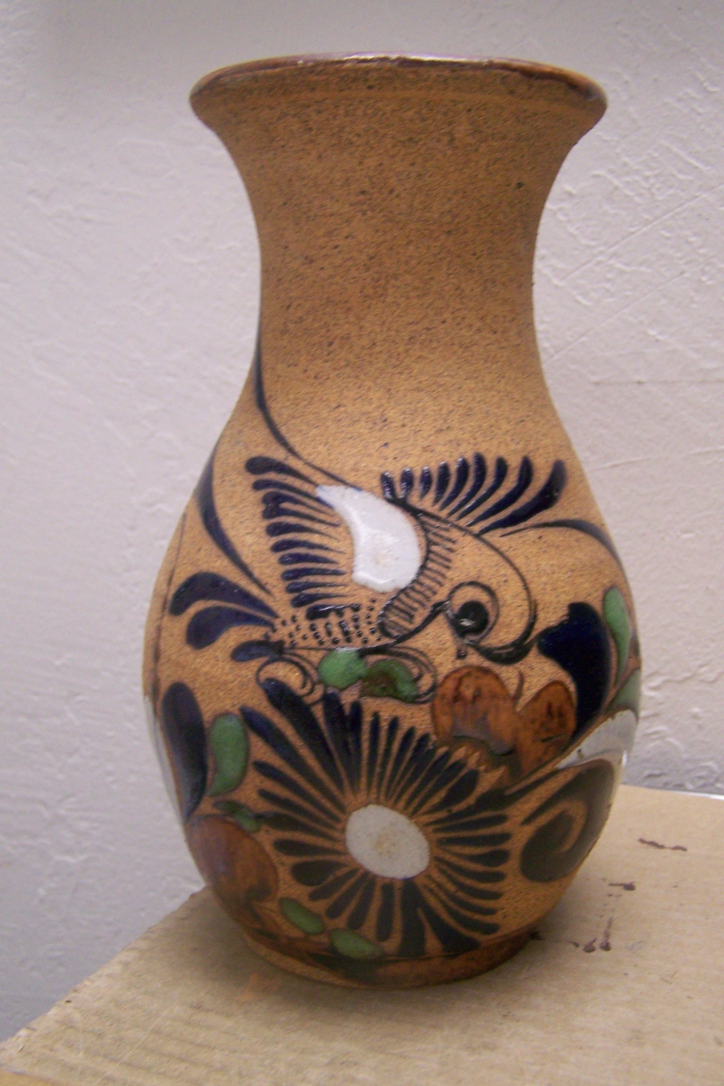 Vintage 1980s Stoneware Vase with Bird and Floral Pattern #2 - Mexico