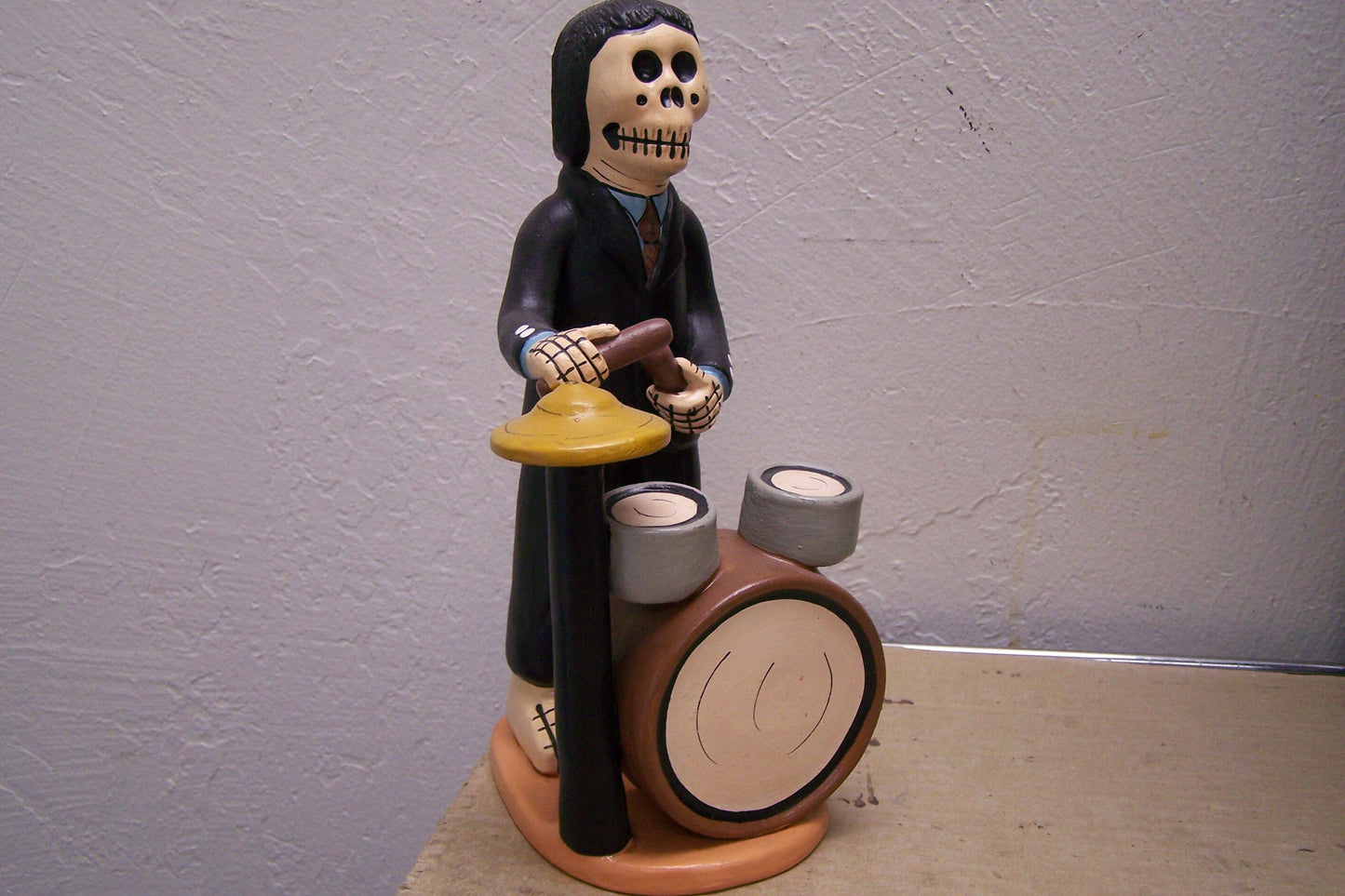 Day of the Dead Clay Skeleton Drummer with Drum Set